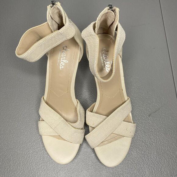 Charles David Platform Sandals Size 7.5 Wedge Zip Back Stretch Strap Beige - Picture 4 of 9